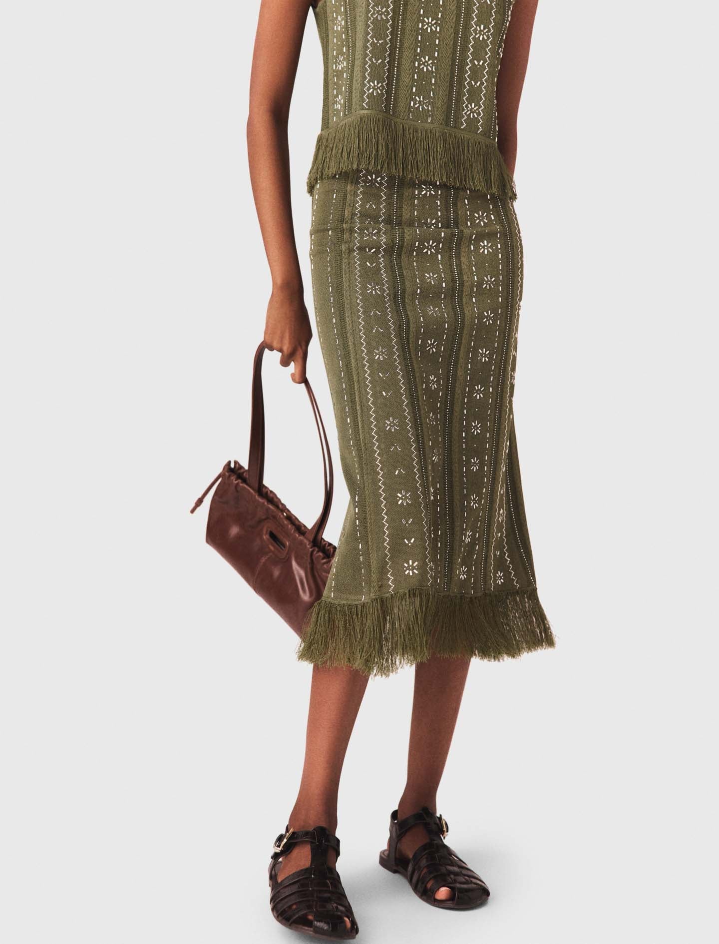 Knit Skirt With Rhinestone Flowers Khaki