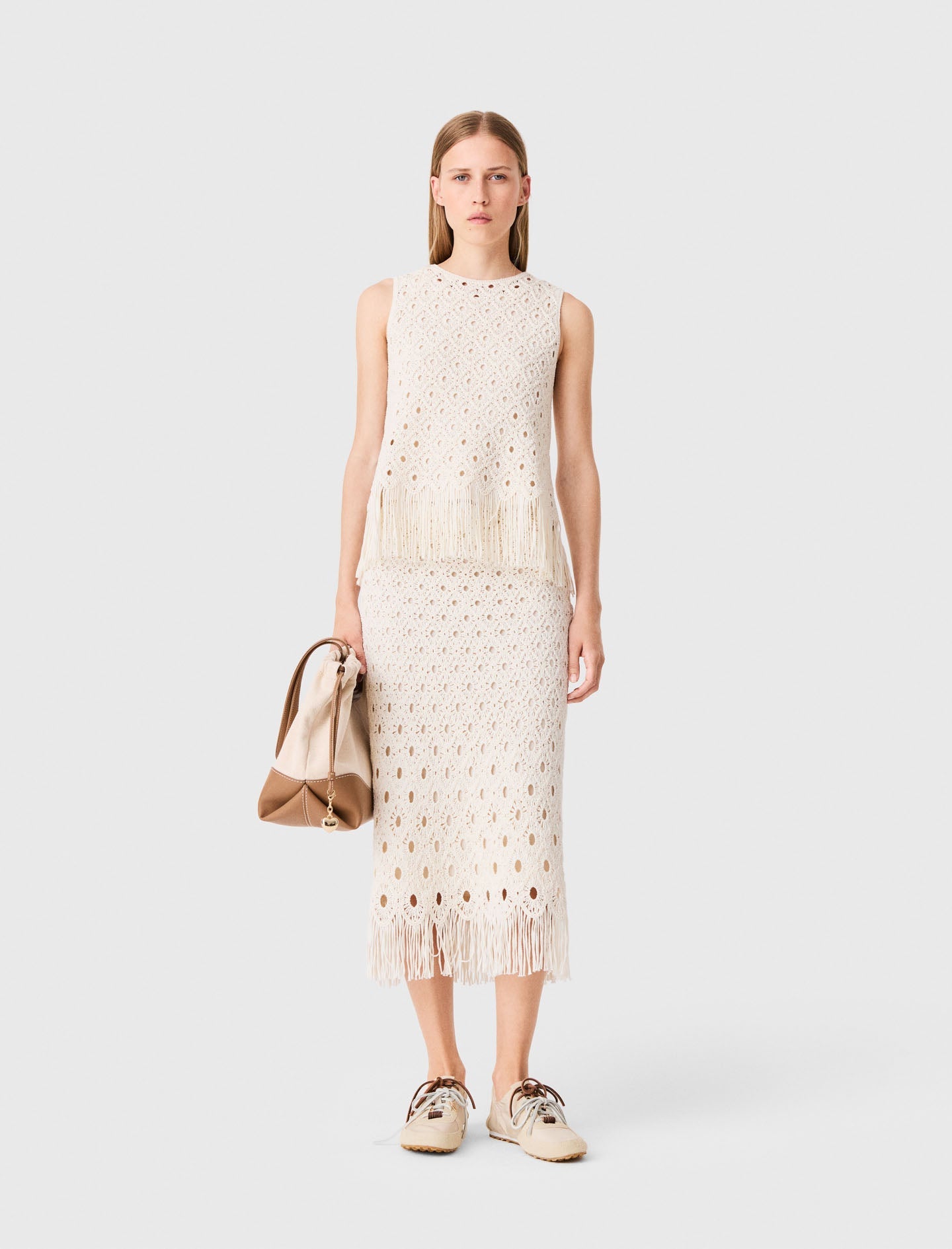 Fringed crochet midi skirt Ecru
