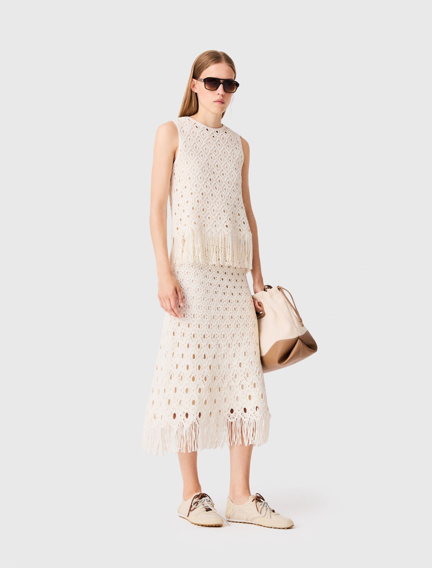 Fringed crochet midi skirt Ecru