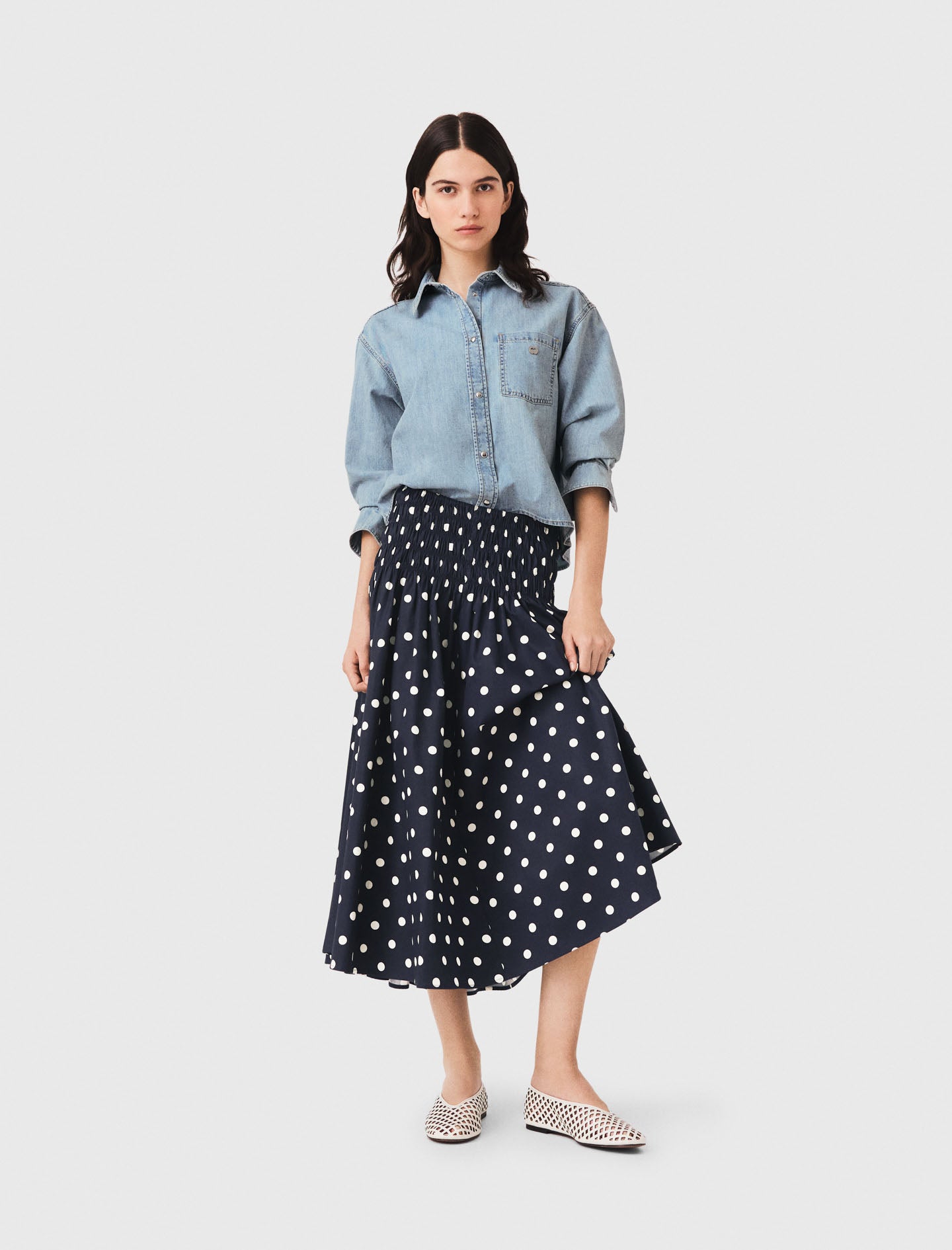 Long cotton skirt Navy Dots Print