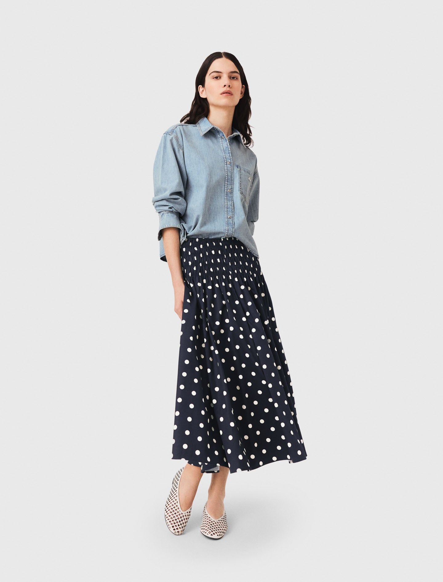 Long cotton skirt Navy Dots Print