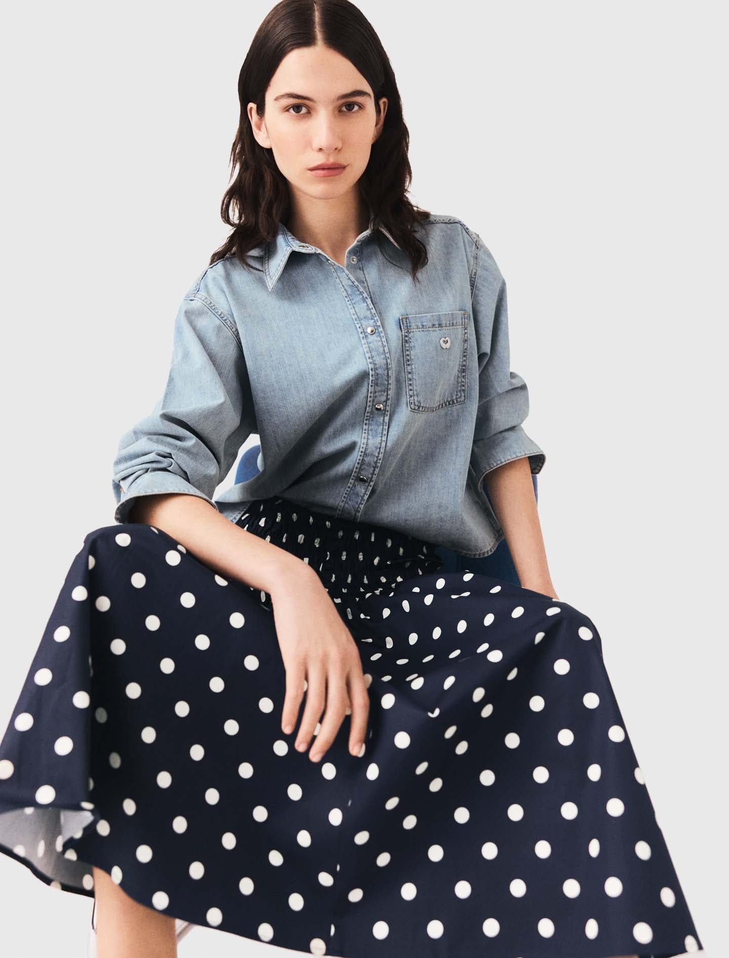 Long cotton skirt Navy Dots Print