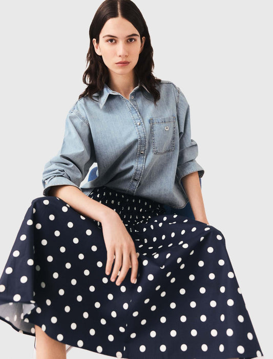 Long cotton skirt Navy Dots Print