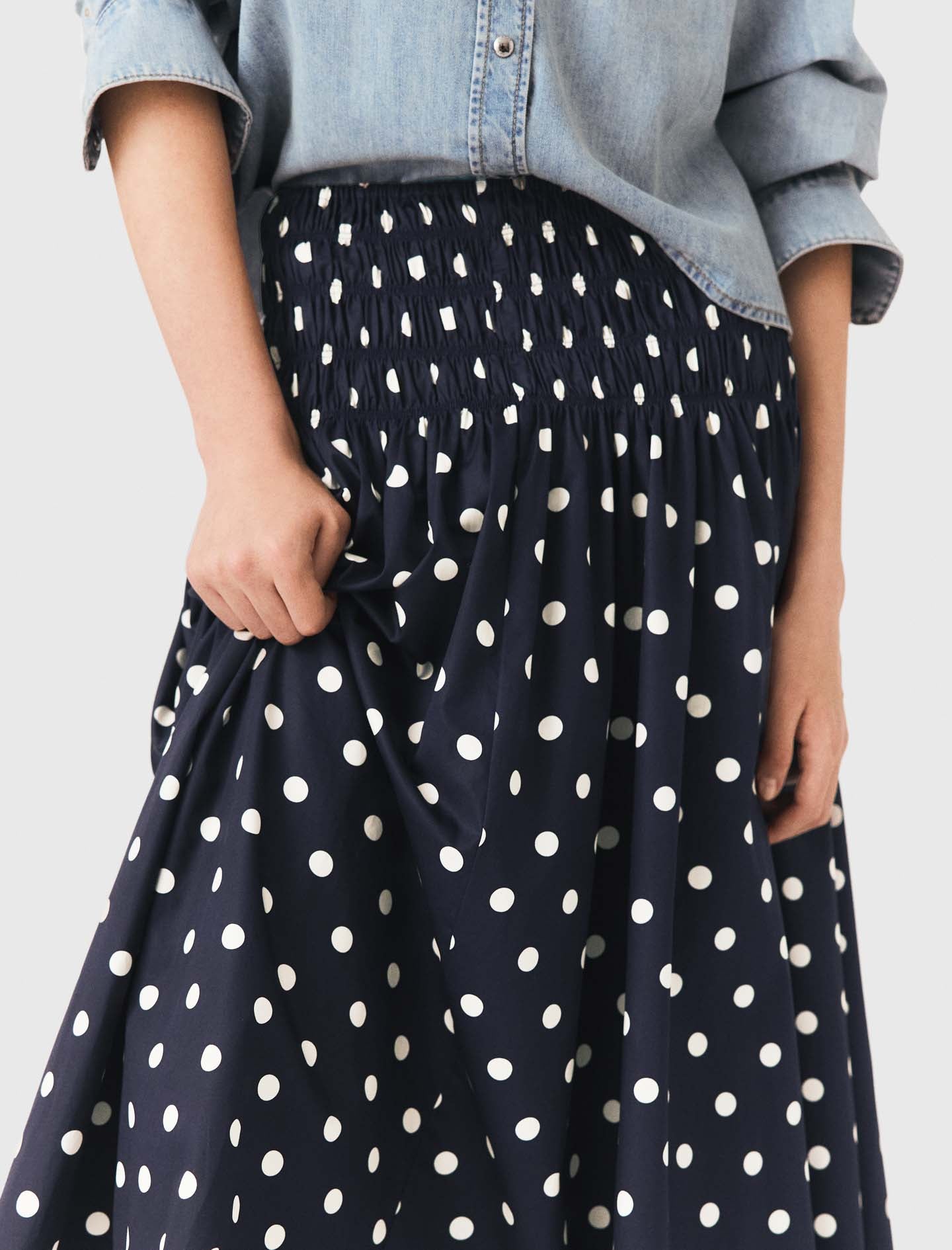 Long cotton skirt Navy Dots Print