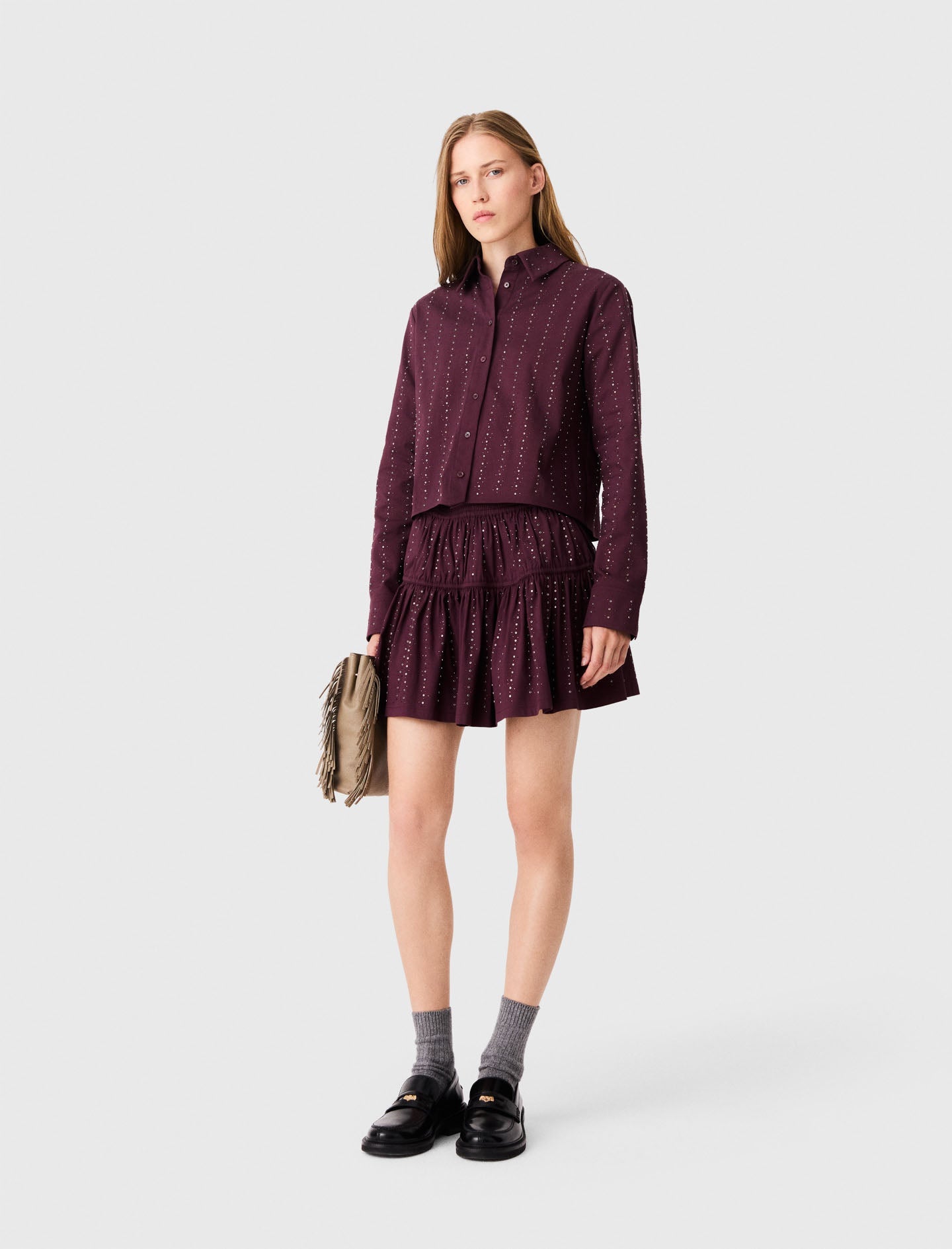 Short rhinestone cotton skirt Burgundy
