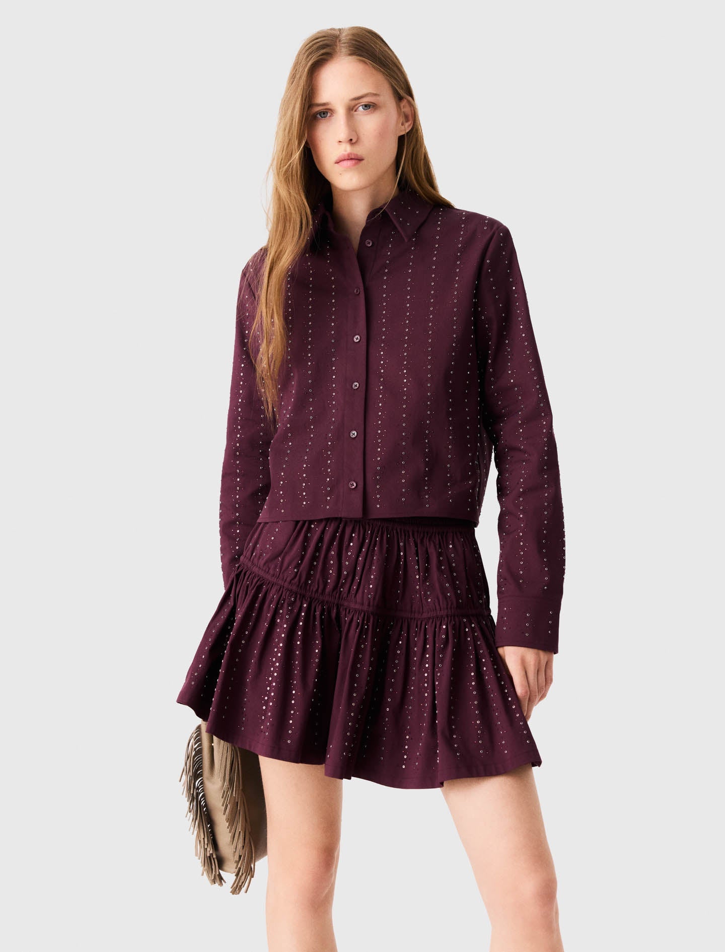 Short rhinestone cotton skirt Burgundy