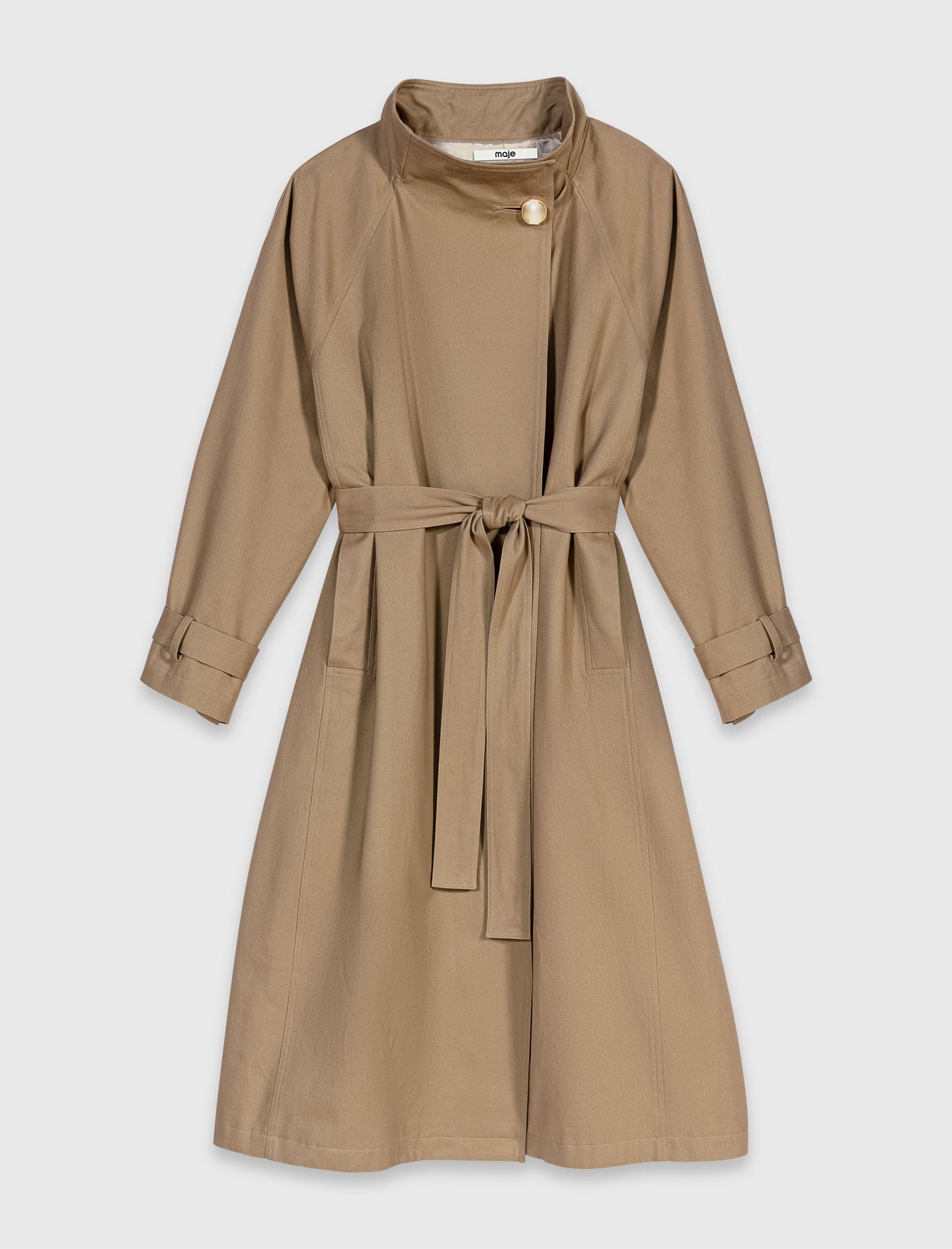 Long belted trench, gold buttons Beige