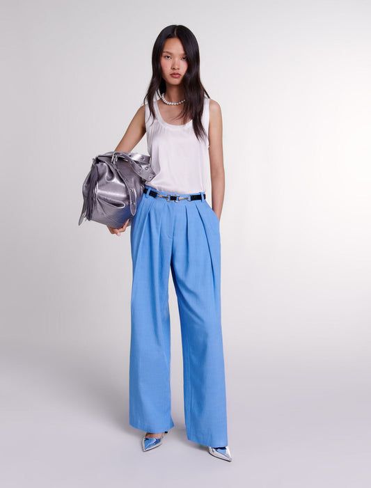 Blue featured-Wide-leg suit trousers with pleats