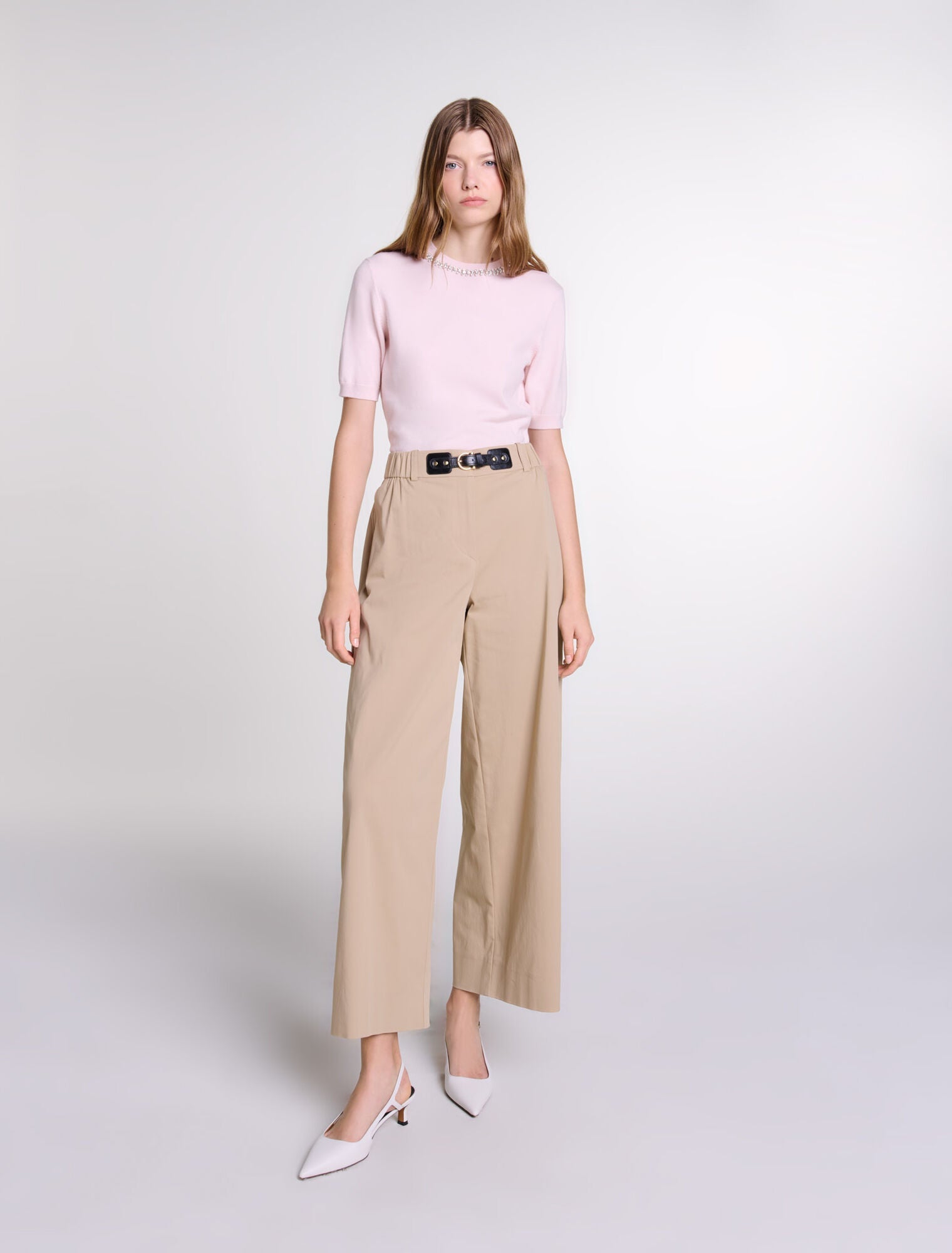 Wide-leg cotton trousers Beige Light