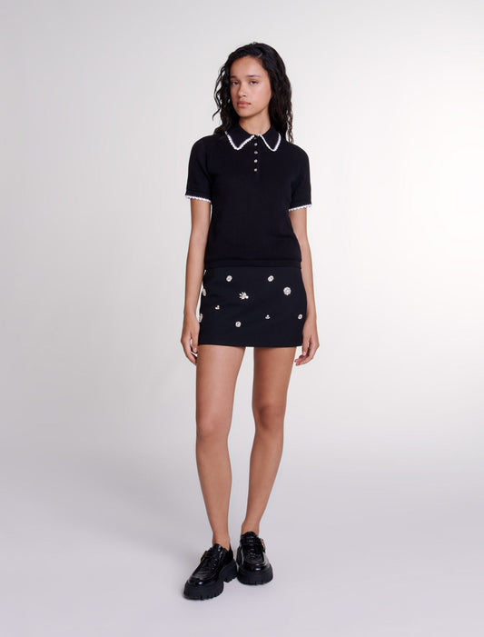 Black featured-Pointelle knit polo shirt