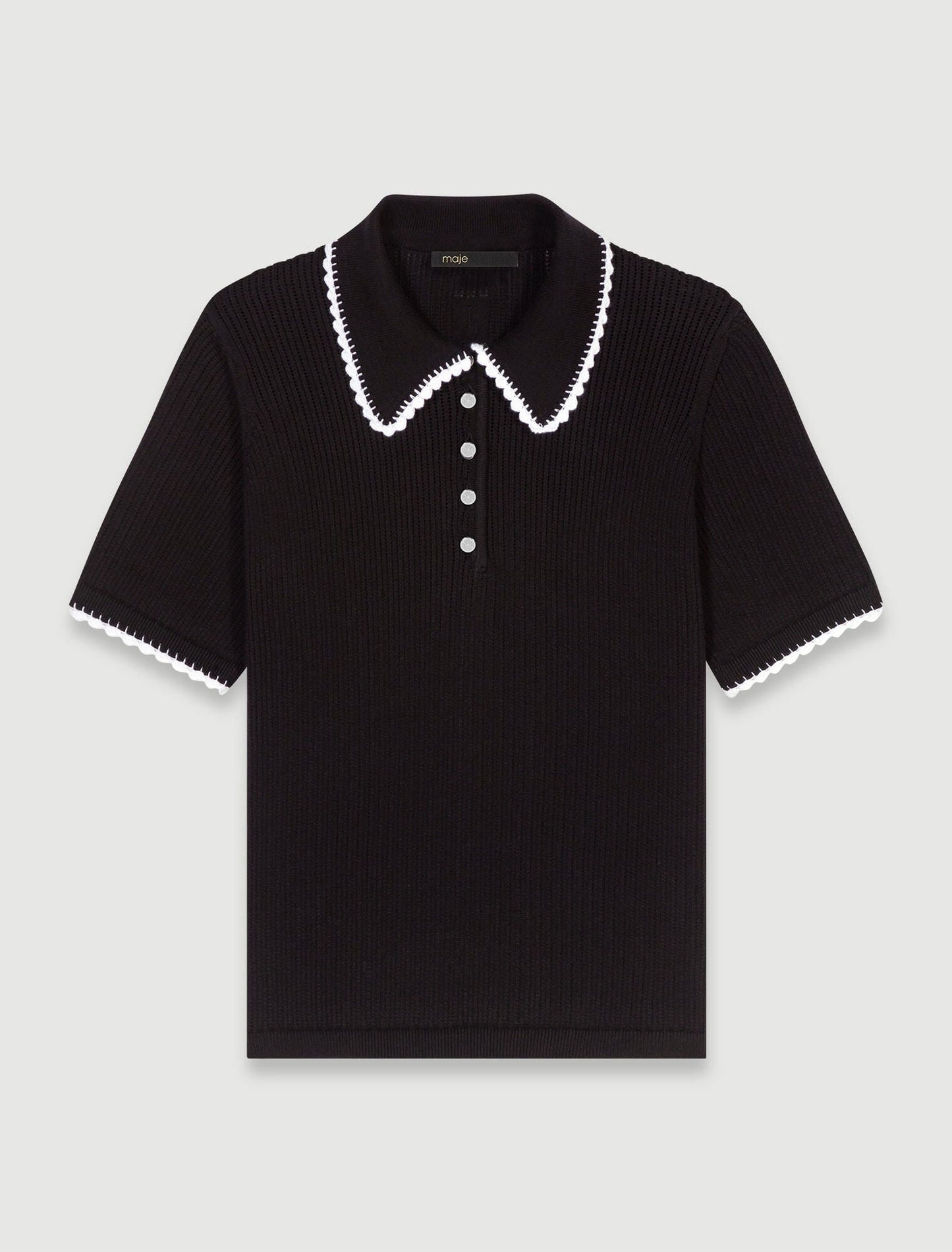 Black  -Pointelle knit polo shirt