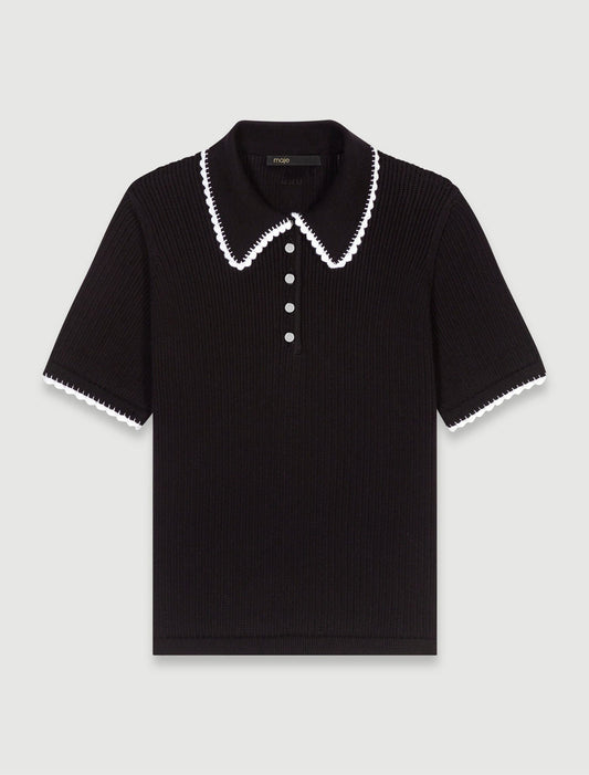 Black  -Pointelle knit polo shirt