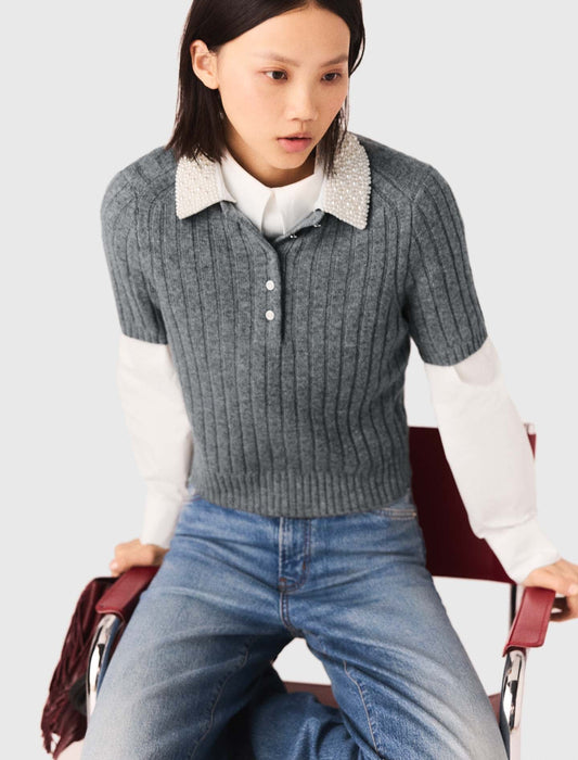 Removable Beaded Collar Jumper Grey