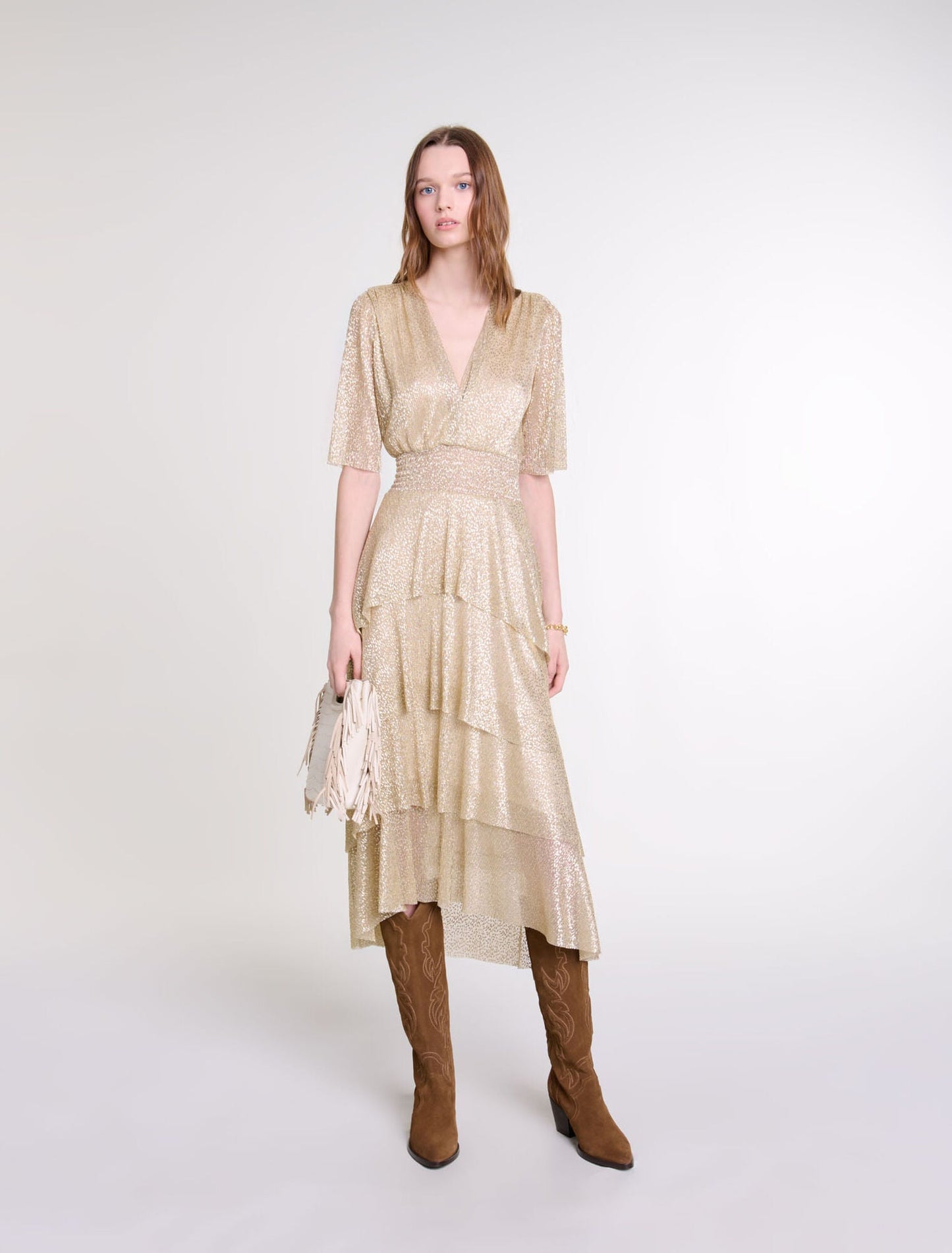 Gold-featured-Shimmer dress with ruffles