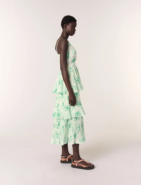 Green Floral Print Ecru Base-Patterned ruffled maxi dress