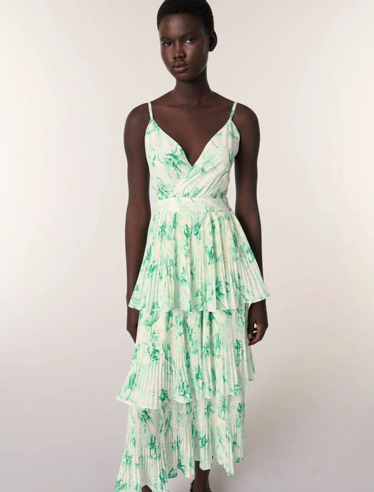 Green Floral Print Ecru Base-Patterned ruffled maxi dress