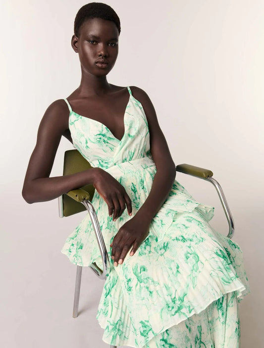 Green Floral Print Ecru Base-Patterned ruffled maxi dress