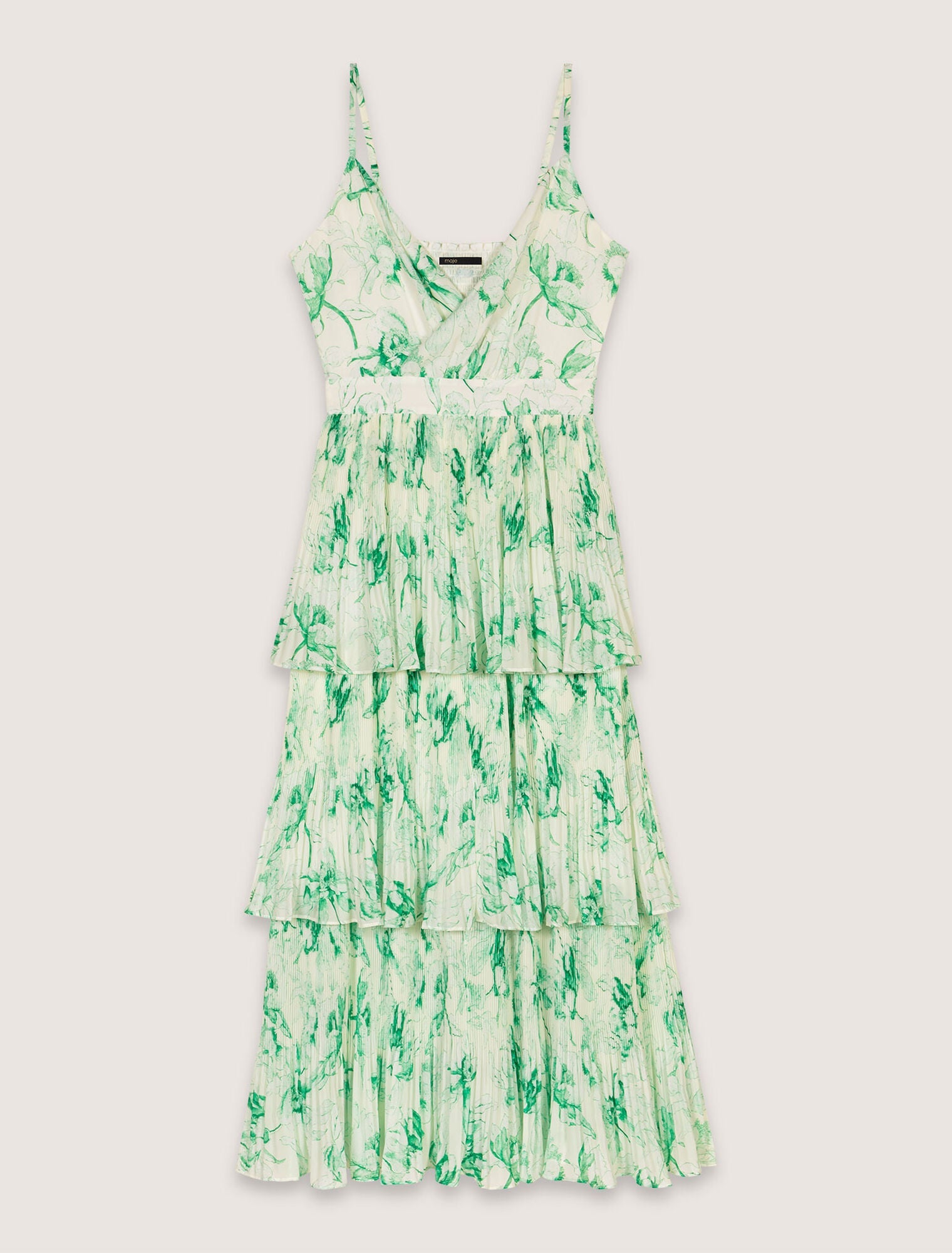 Green Floral Print Ecru Base-Patterned ruffled maxi dress