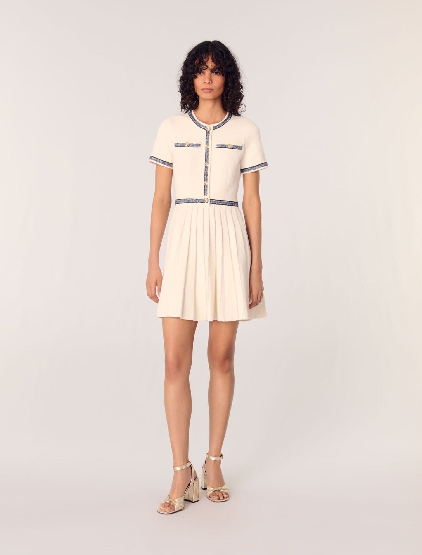 Ecru-featured-Pleated knit short dress
