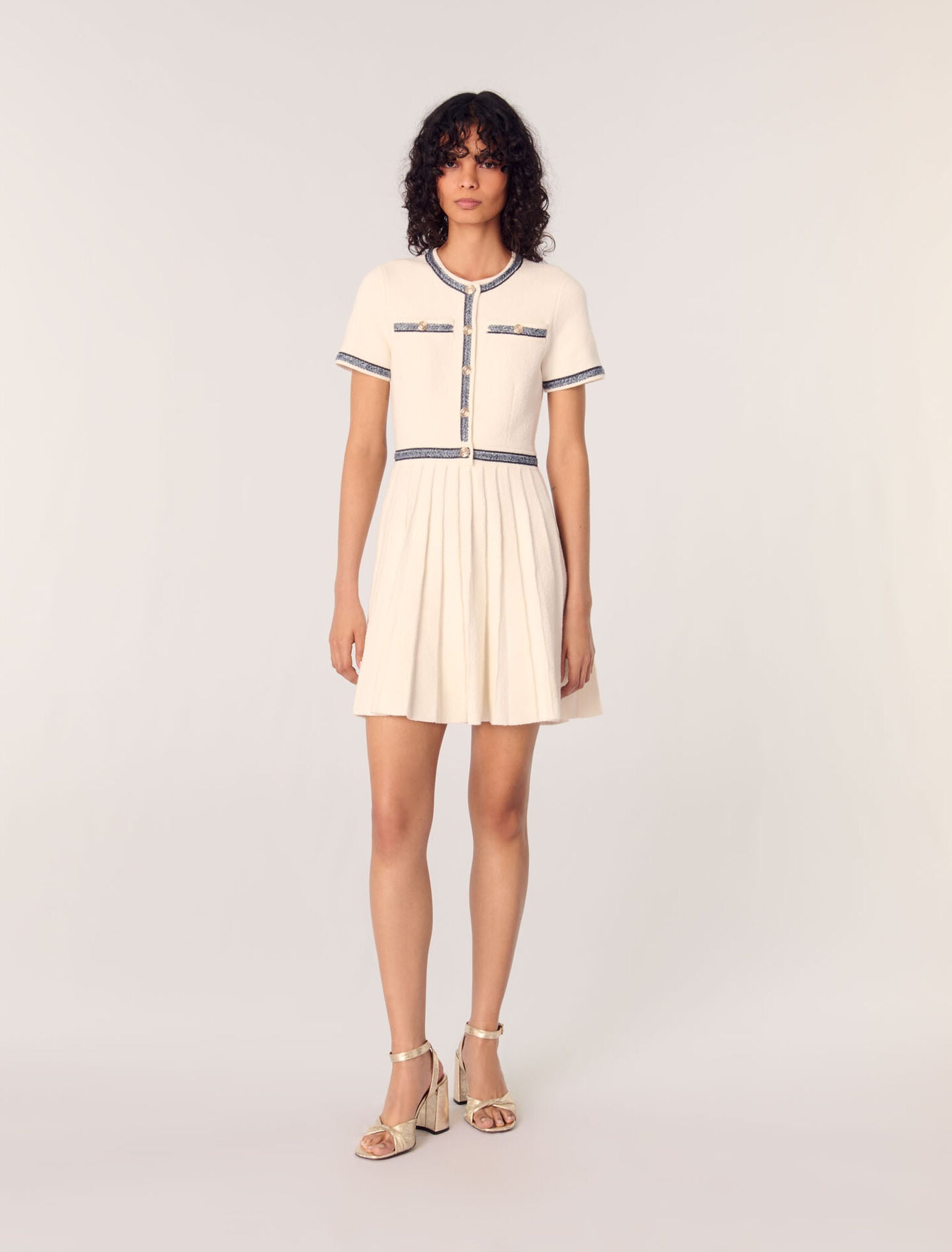 Ecru-featured-Pleated knit short dress