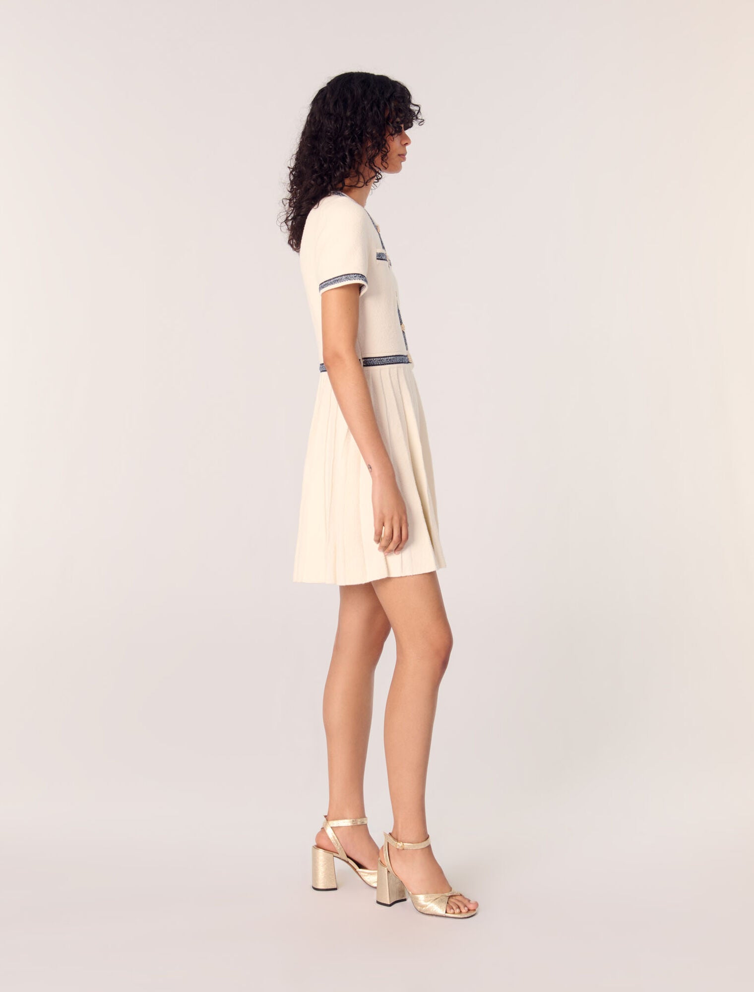 Ecru-Pleated knit short dress