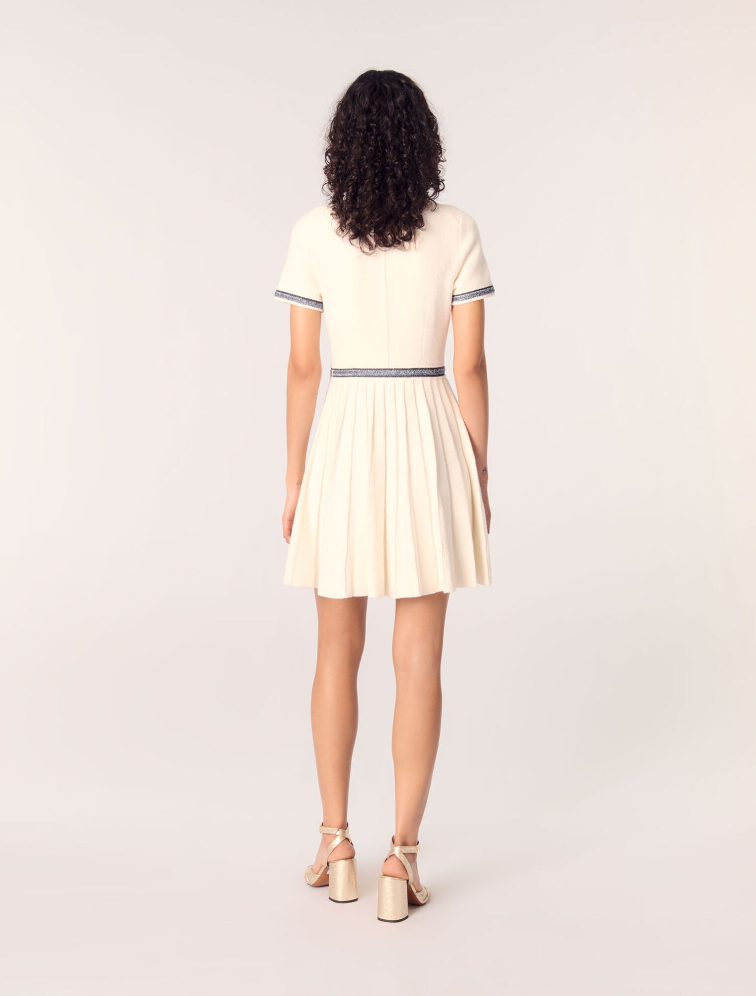 Ecru-Pleated knit short dress