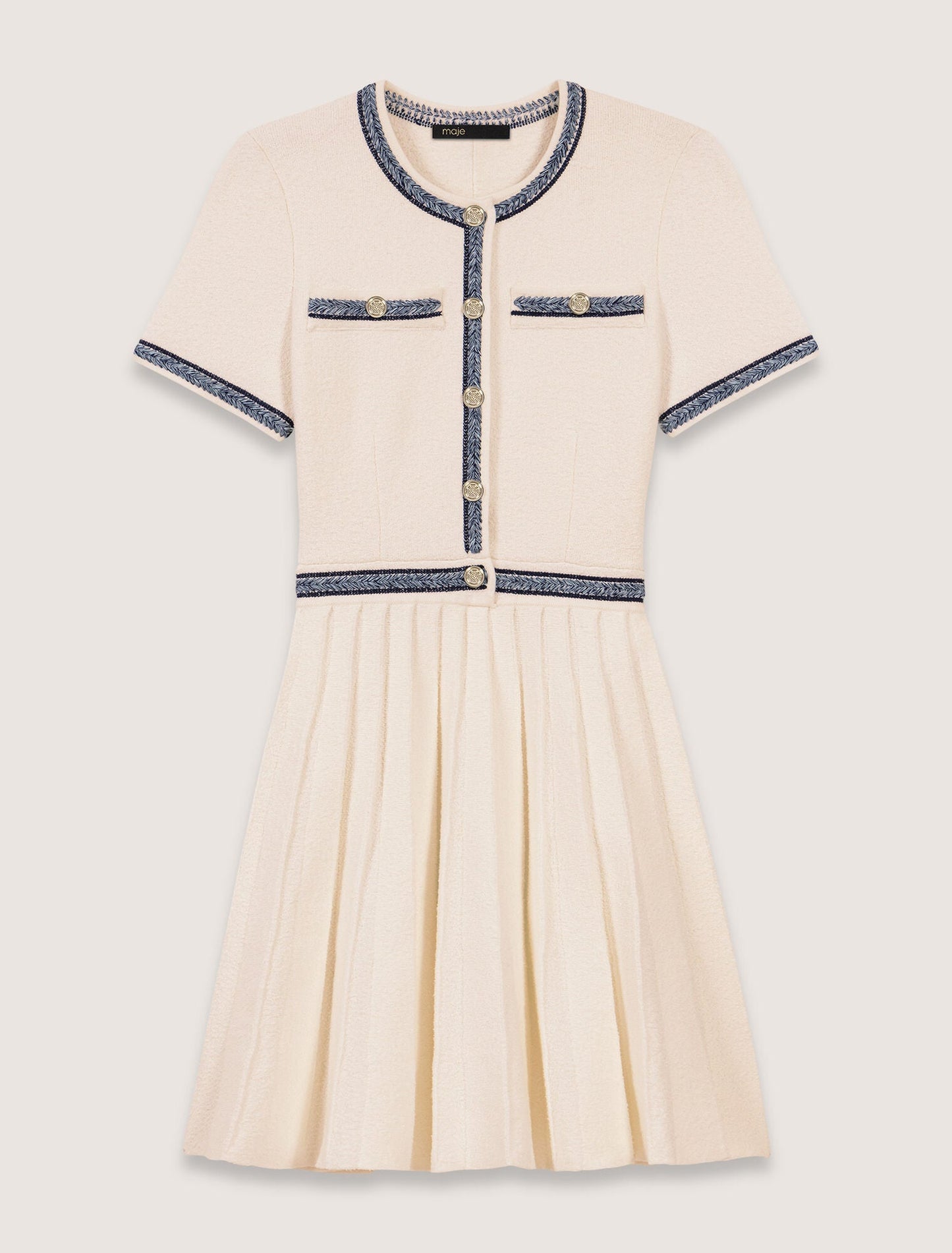Ecru-Pleated knit short dress