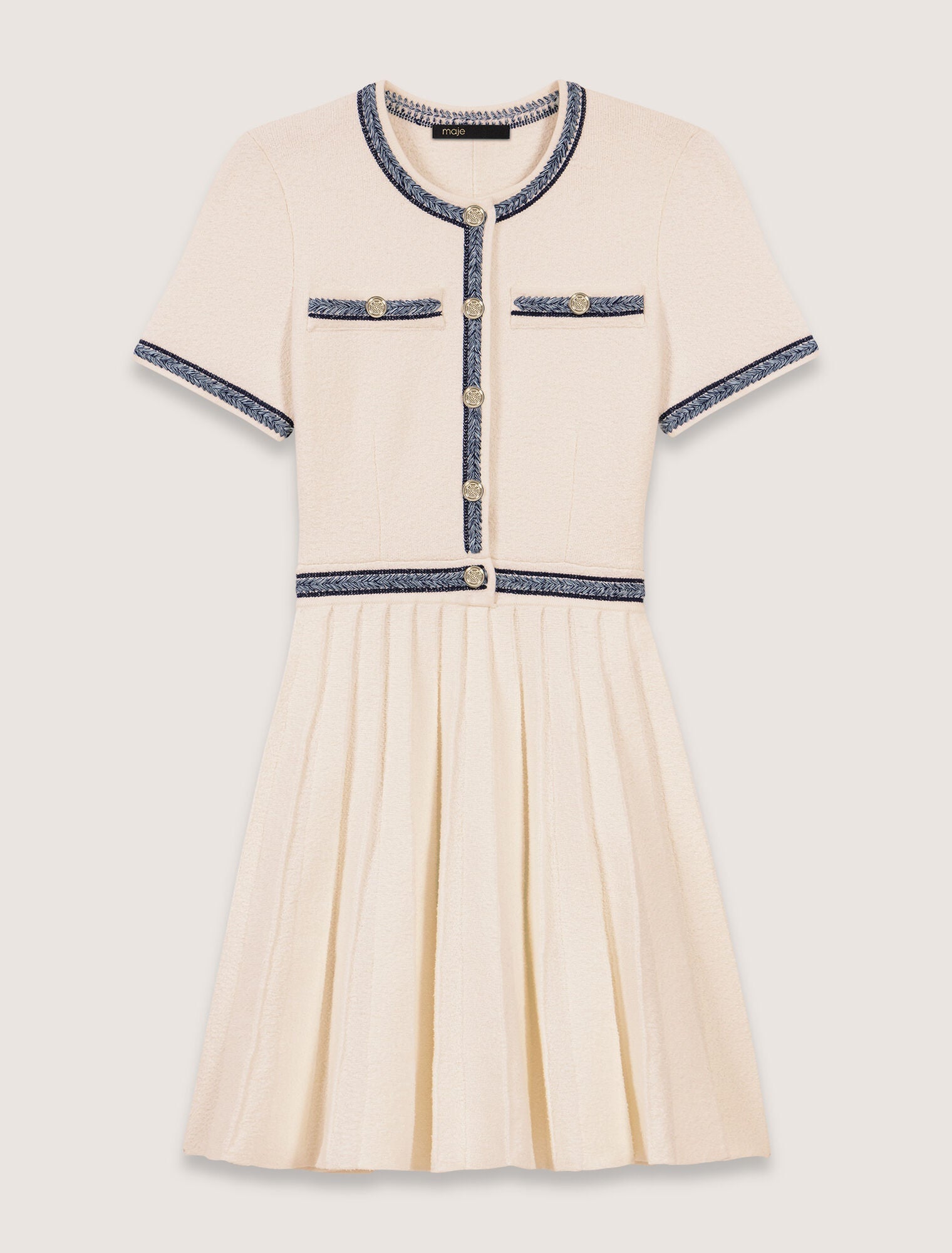 Ecru-Pleated knit short dress