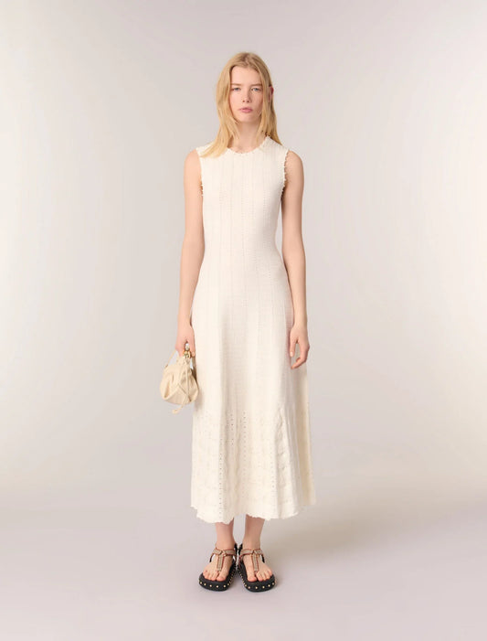 White-featured-Beaded pointelle knit dress