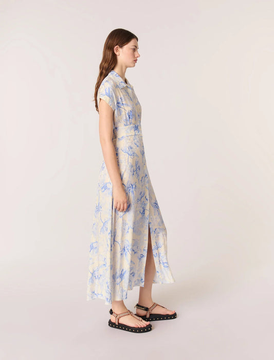 Blue Flower Print Ecru Base-Patterned Maxi Dress