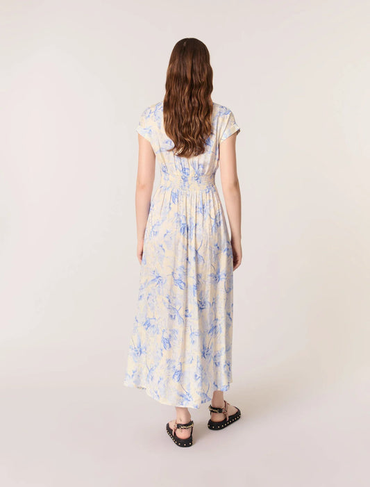 Blue Flower Print Ecru Base-Patterned Maxi Dress