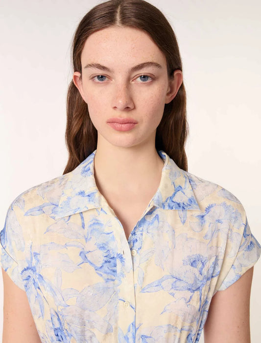 Blue Flower Print Ecru Base-Patterned Maxi Dress