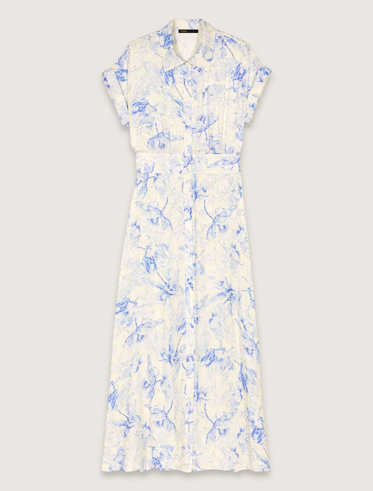 Blue Flower Print Ecru Base-Patterned Maxi Dress