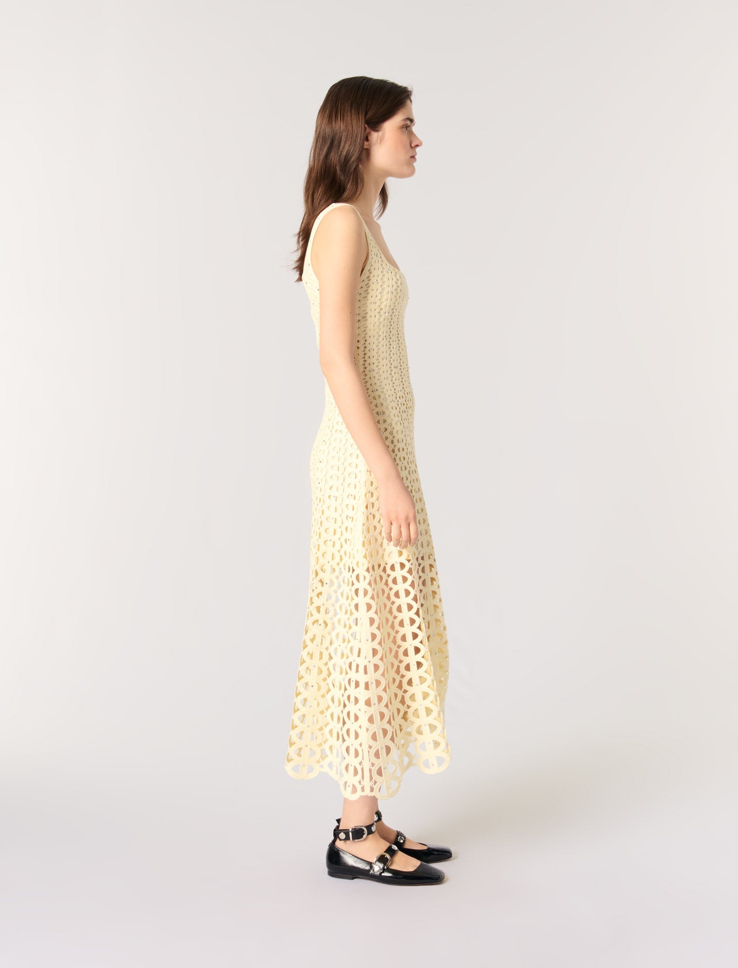 Yellow-Rhinestone crochet midi dress