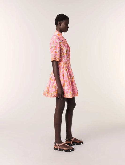 Orange Pink Flowers Print-Short flowing patterned dress