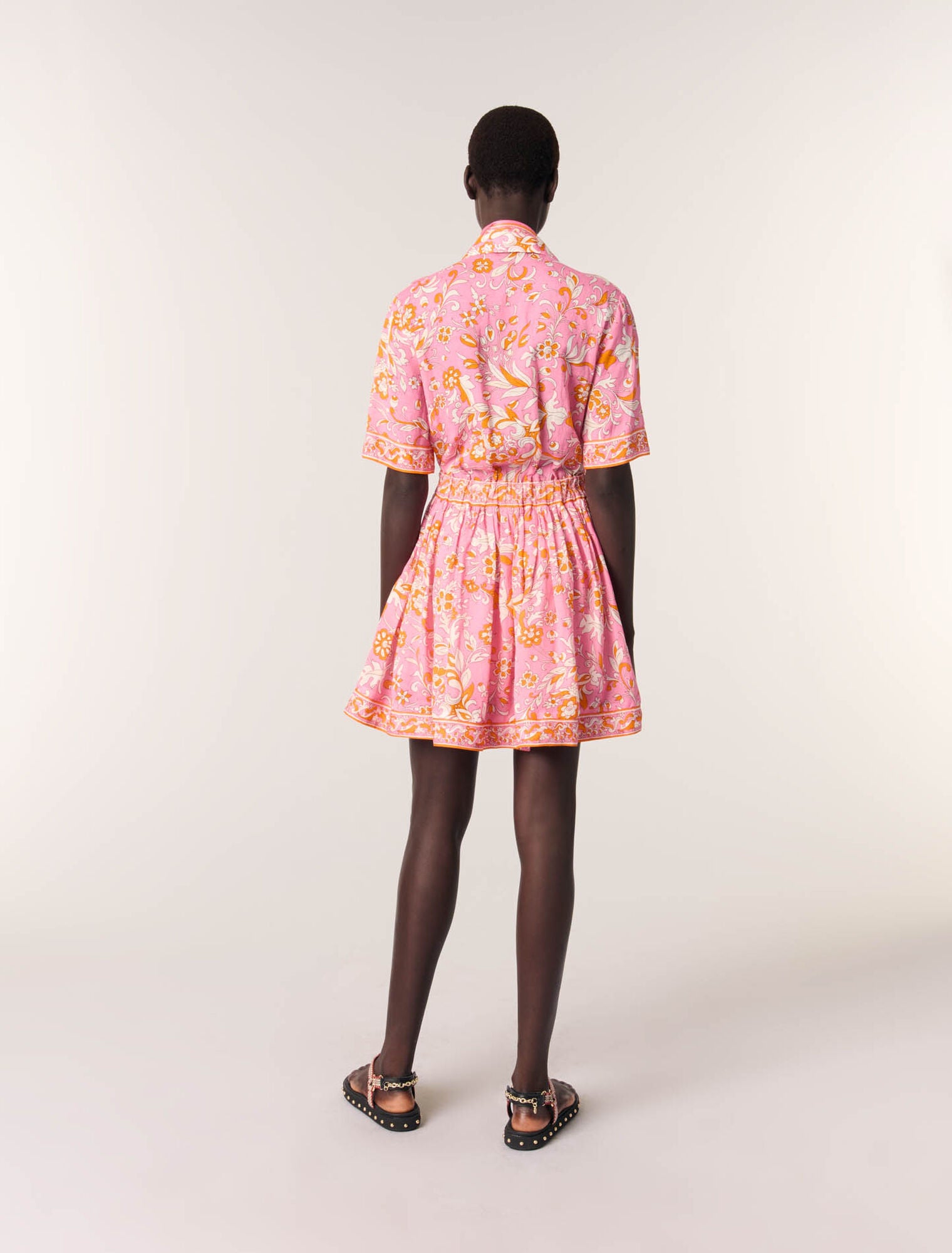 Orange Pink Flowers Print-Short flowing patterned dress