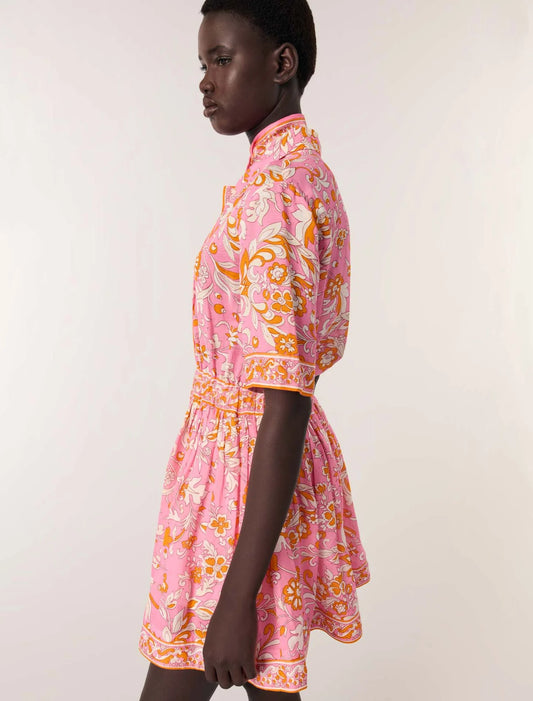 Orange Pink Flowers Print-Short flowing patterned dress