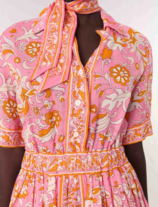 Orange Pink Flowers Print-Short flowing patterned dress