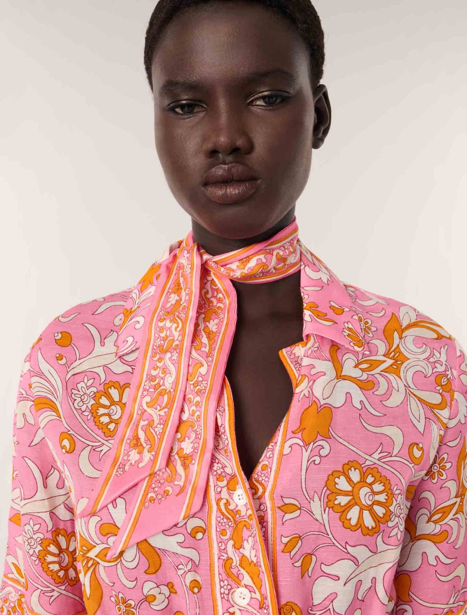 Orange Pink Flowers Print-Short flowing patterned dress