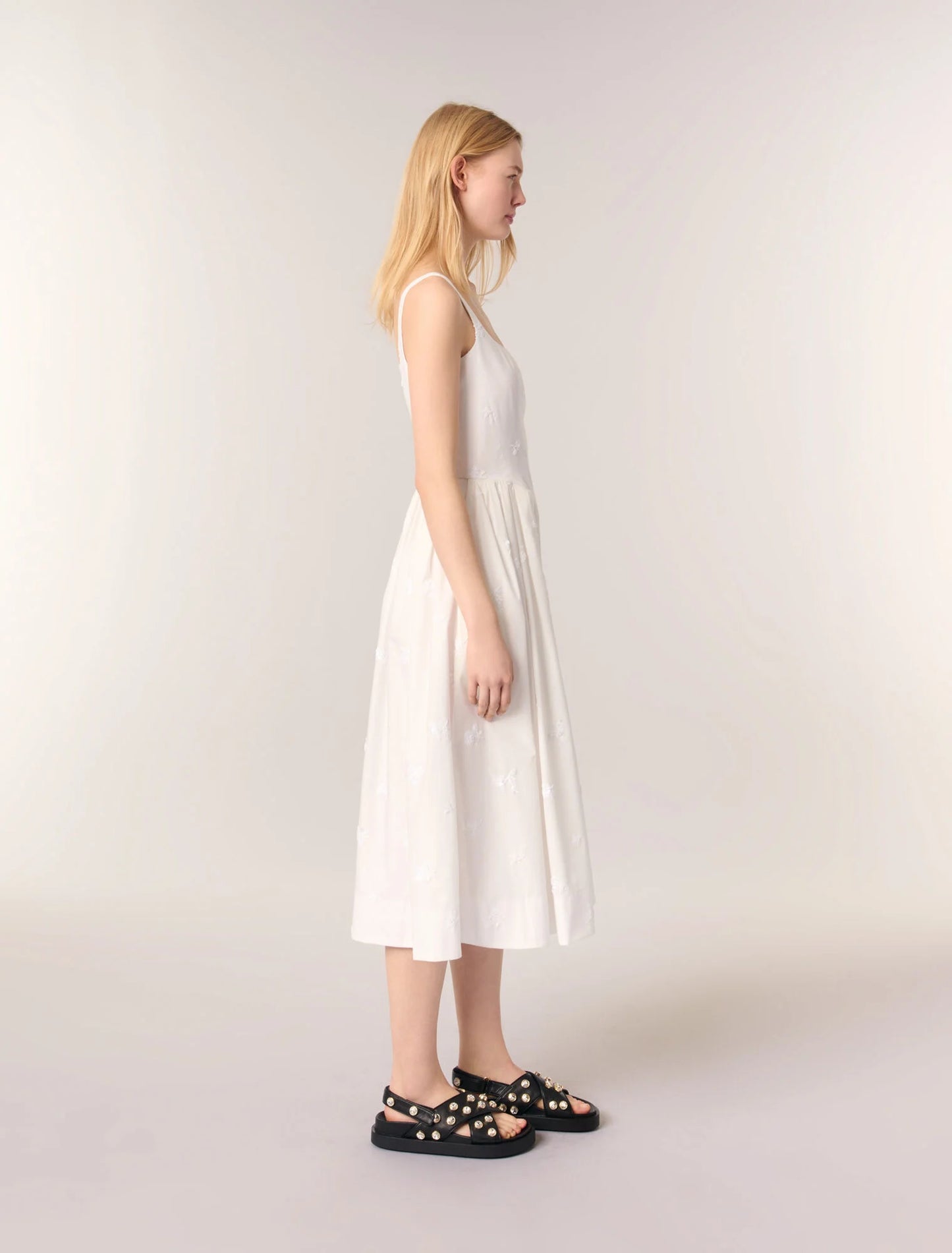 White-Embroidered cotton midi dress