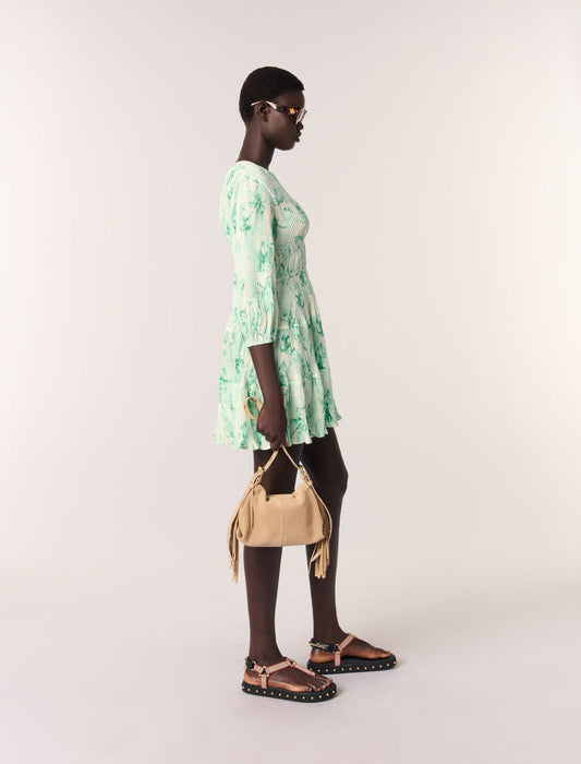 Green Floral Print Ecru Base-Patterned pleated short dress
