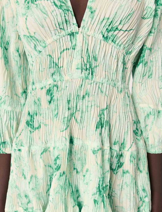 Green Floral Print Ecru Base-Patterned pleated short dress