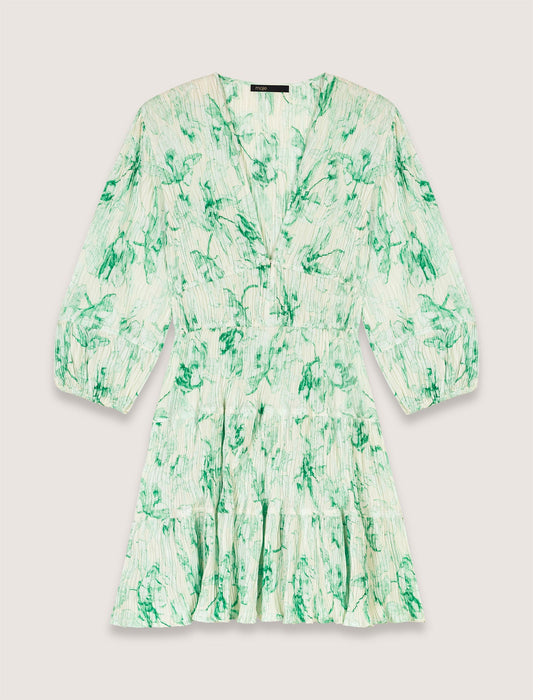 Green Floral Print Ecru Base-Patterned pleated short dress