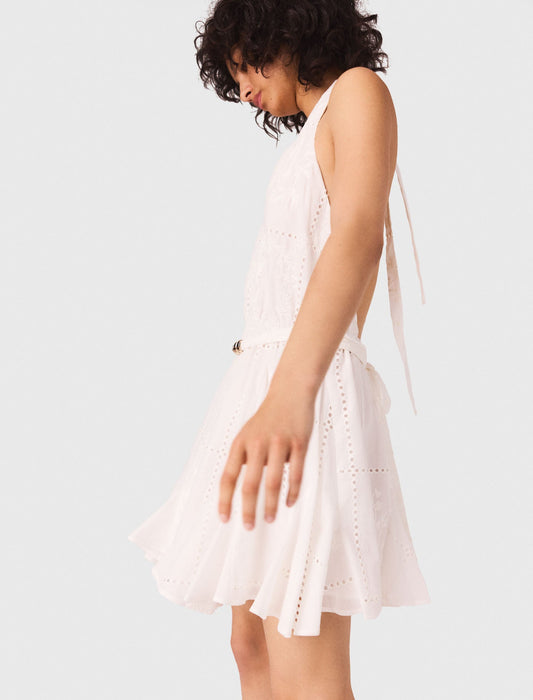 White Short embroidered backless dress