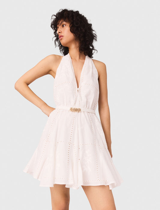 White Short embroidered backless dress