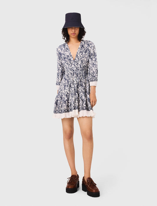 Printed pleated dress Blue Fruits Print