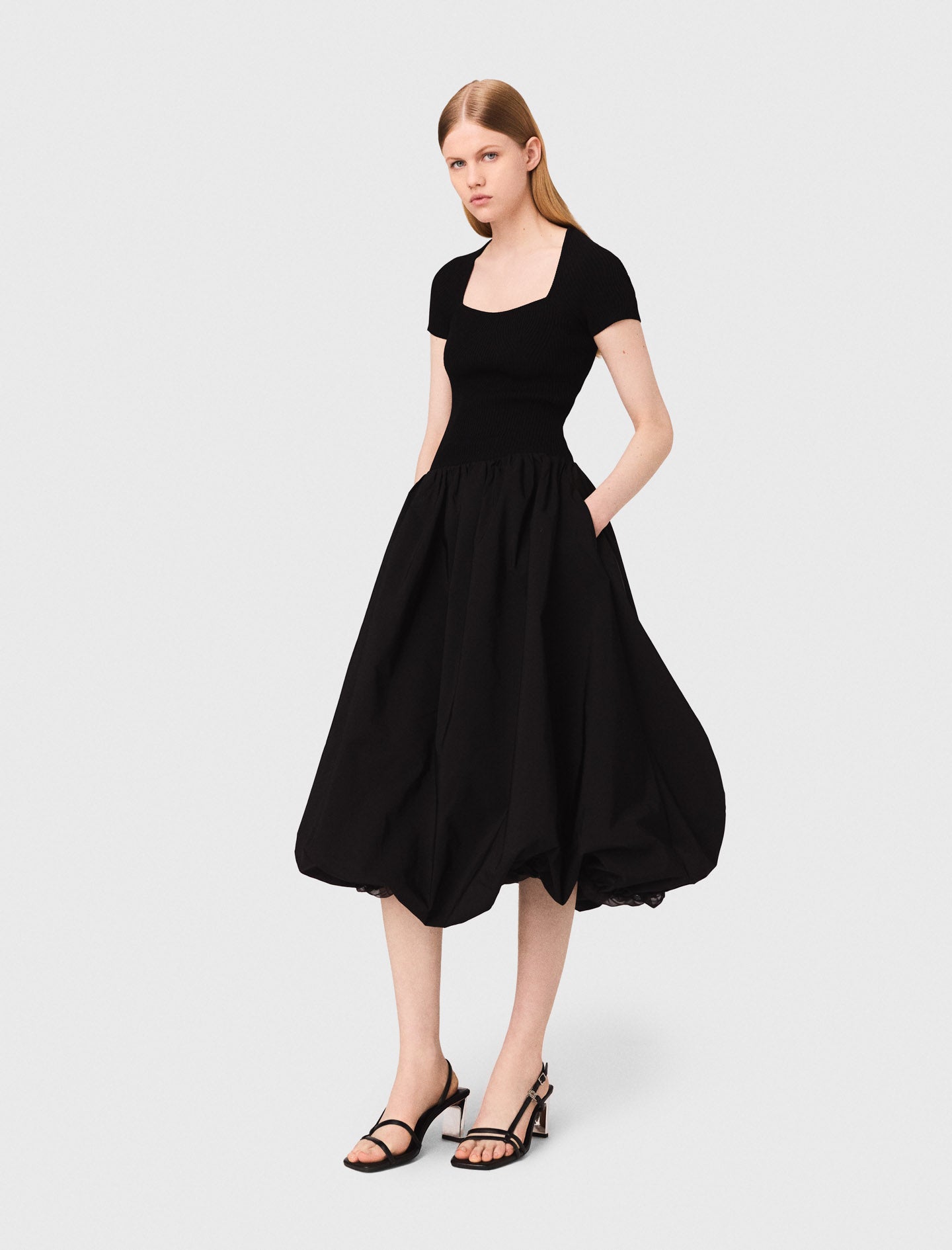 Long mesh and taffeta dress Black