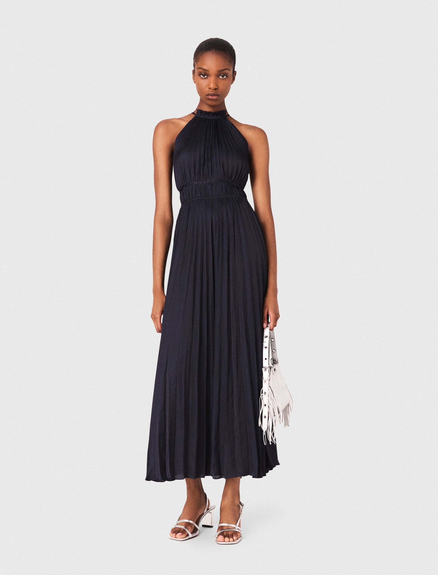 Pleated satin maxi dress Navy