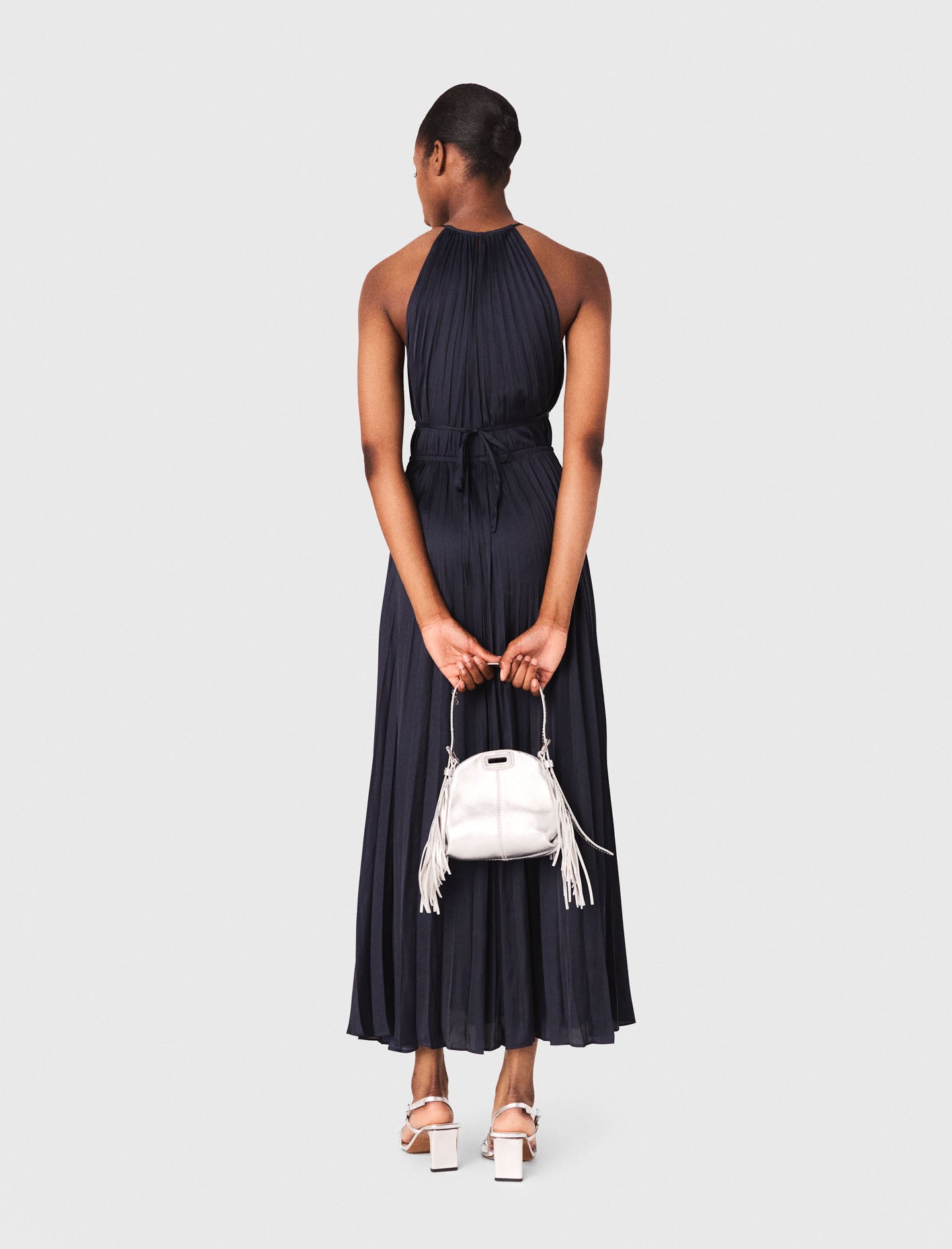 Pleated satin maxi dress Navy