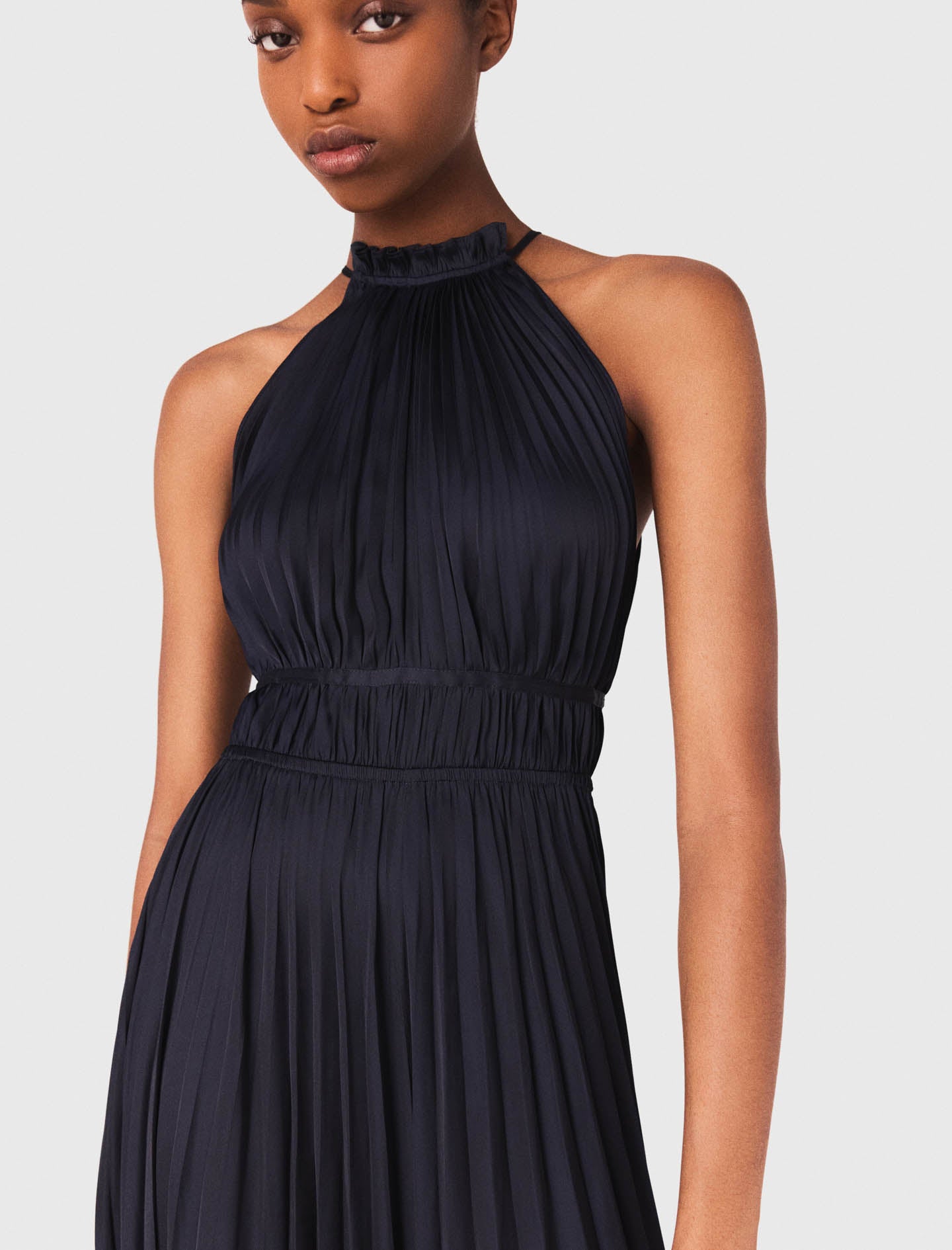 Pleated satin maxi dress Navy